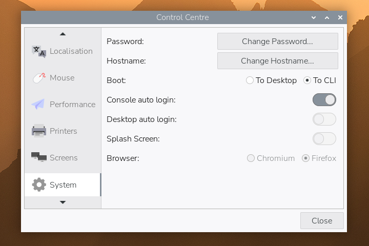 Control Centre System tab with Boot set to CLI